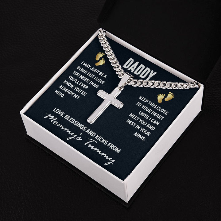 Personalized Artisan Cross Necklace - For Daddy I May Just Be A Bump