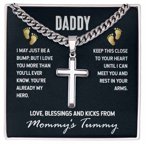 Personalized Artisan Cross Necklace - For Daddy I May Just Be A Bump