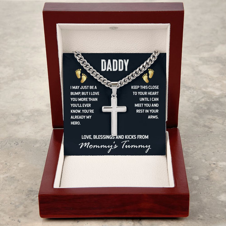 Personalized Artisan Cross Necklace - For Daddy I May Just Be A Bump